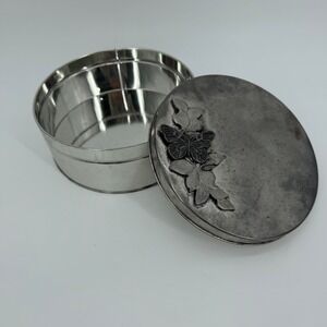 Vintage Metzke Pewter Butterfly Leaf Round Tin Canister Trinket Box 7.5 Inch